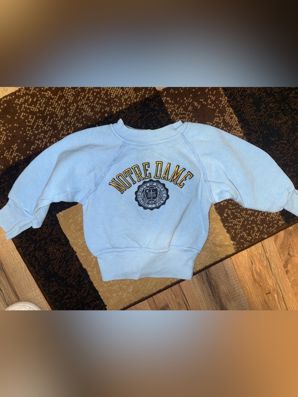 Vintage Notre Dame Light Blue Kids Crewneck Sweatshirt with Yellow Lettering